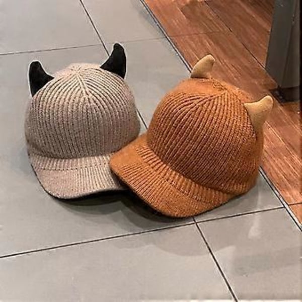 Söt Baseballkeps med Horn Utomhus Stickad Baseballkeps Vardagsbruk Present till Världsfotbollsdagen Internationella Basketbollsdagen Beige( Beige)