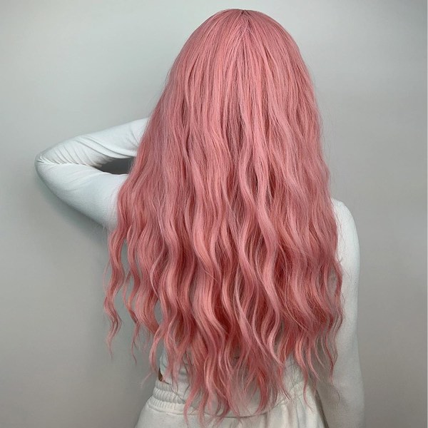 Kvinners rosa parykk lang fluffy krøllete bølget hårparykker for jente varme F