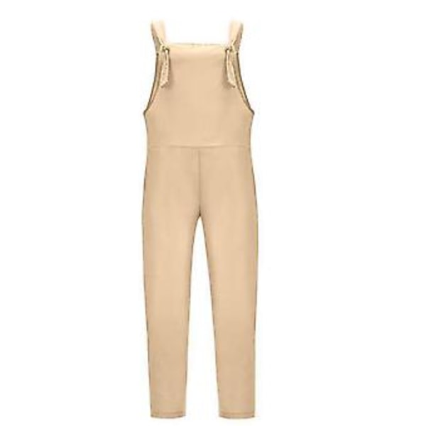 Dame vår sommer casual løse lange bib bukser jumpsuits baggy bomullslin look romper overalls bukser pluss størrelse (XL Khaki)