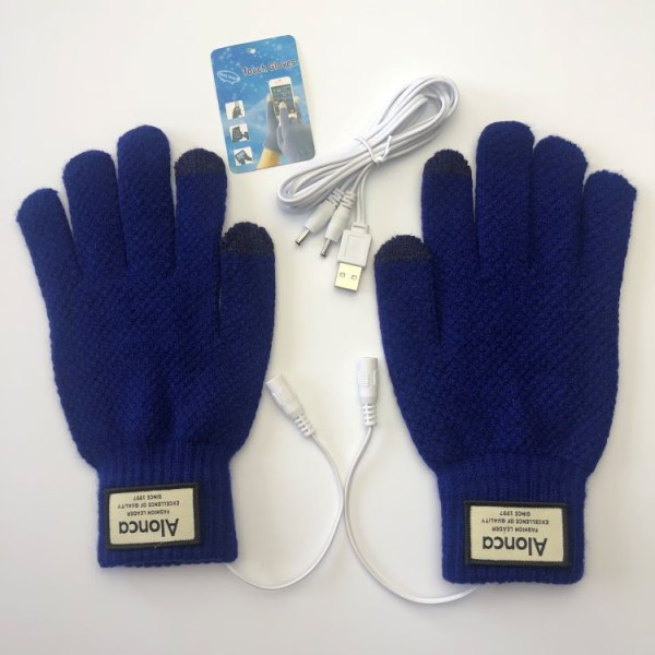 Blå USB uppvärmda handskar för män och kvinnor, vinteruppvärmda vantar T