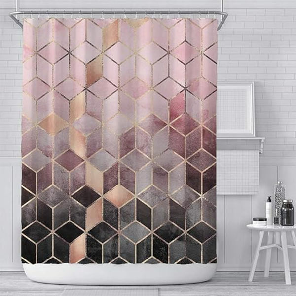 1 st duschdraperi i tyg 180x180cm rosa marmor, geometrisk modern