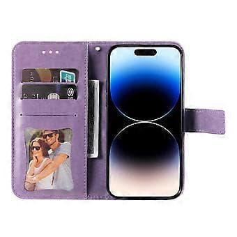 Läderfodral med präglade 7-bladiga blommor för iPhone 15 Pro (Ljuslila)