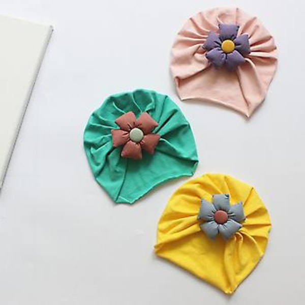 Baby Toddler Hatt Söt Blomma Knyta Beanie Cap Huvudband Nyfödd Mjuk Solid Färg Bonnet Spädbarn Huvudbonader För 3-18 Månader Babygåvor (Gul och Grå)