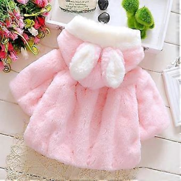 Baby Pige Faux Pels Fluffy Jakke Kappe Teddy Bjørn Fleece Frakke Varmt Overtøj (90cm hvid)