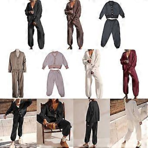 Dam 2-delat Stickat Set V-ringad Långärmad Tröja Kofta Jackor Toppar Vida Ben Byxor Träningsdräkt Outfits Loungewear Lila S(S Lila)