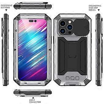 Metall + Silikon Beskyttende Etui For iPhone 14 Pro Max (Sølv)