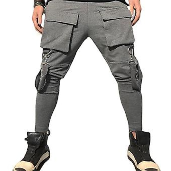 Herr Cargo-byxor med Elastisk Midja, Band, Flera Fickor, Solid Färg, Mid-Rise, Casual Hip Hop, Streetwear (3XL Grå)