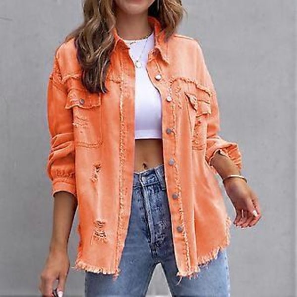 Løs Rippet Denimjakke Slitesterk Vellaget Hudvennlig Blazer For Vår Sommer Høst Daglig Bruk (S Oransje)