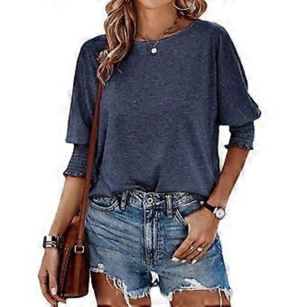 Dame Crew Neck 3/4 Erme Basic T-skjorter Solid Løs Søt Tunika Topper Bluser Basic Tee Bluser Tee Topp Casual Tunika Topp Marineblå L(L Marineblå)