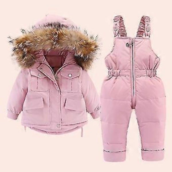 Dunjacka och dunbyxor för baby, vinterjacka med huva för flickor och pojkar, skidoveraller för barn (100cm Rosa)