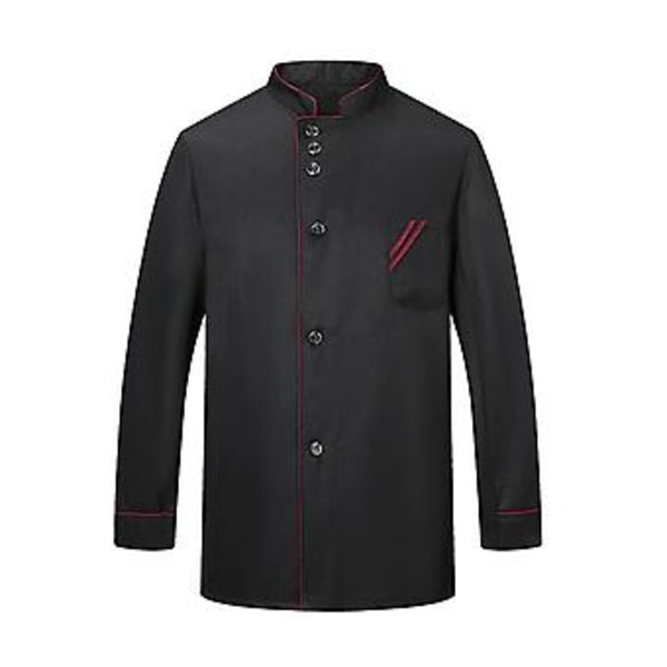Kokkeuniform med stående krave, lange ærmer, enkeltbryst og lappepose - Kvinder og Mænd - Bageri - Åndbar Kokkeskjorte - Arbejdstøj (4XL Sort)