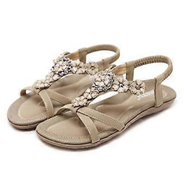 Sommersandaler for kvinner, bohemske blomster, rhinstein, store flate sko, strandsandaler (EU 40 Aprikos)