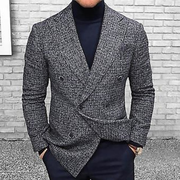Herrar Blazer Slim Fit Nedåtriktad Krage Enfärgad Streetwear Höst Vinter Brittisk Stil Knappar Kostymjacka Rock för Kontor (S Grå)