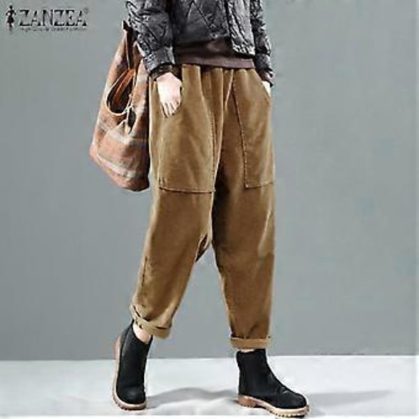 ZANZEA Casual Løs Elastisk Midje Cordfløyelsbukser Vår Høst Harem Bukser (2XL khaki)