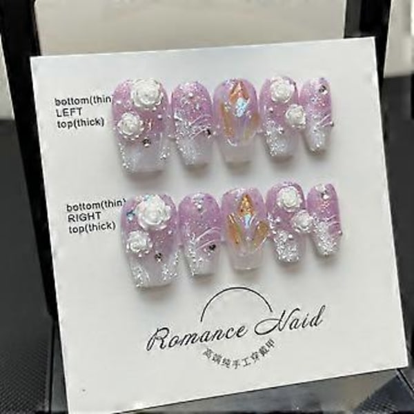 Lange kisteformede håndlagde rosa falske negler med strass, glitter, gradient og design, 3D krystall, metalliske press-on negler, blank akryl for kvinner