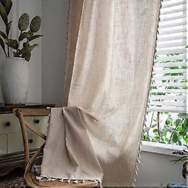Naturligt Linnelook Texturerad Burlap Gardinstångsficka Chic Halv-Mörkläggande Bohemisk Handgjorda Kvastar Fönsterbehandling 1 Panel 59\" B x 72\" L