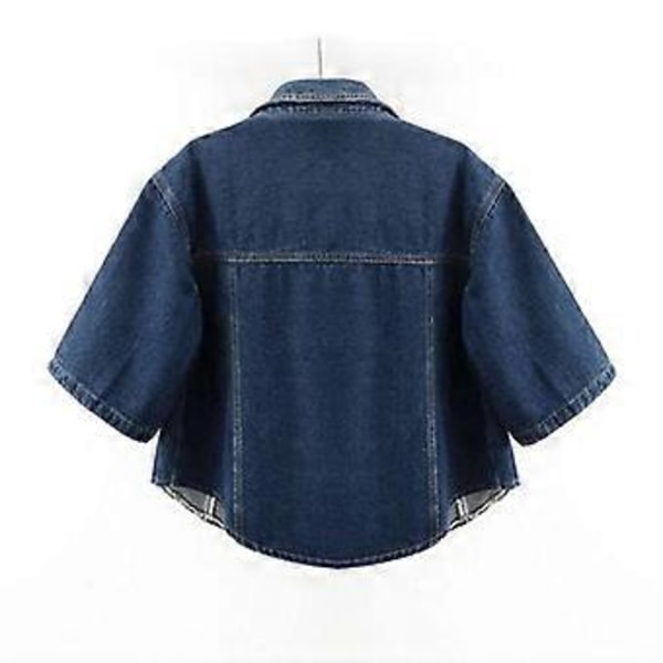 Denimjakke til Kvinder Sommer Løs Enkeltknappet Nedadvendt Krave Kortærmet Jakke Koreansk Mode Crop Coat (L blå)