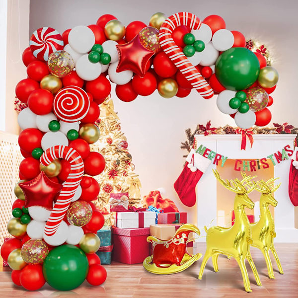 En uppsättning med 40 vita 10-tums ballonger med band som julklappar, används för