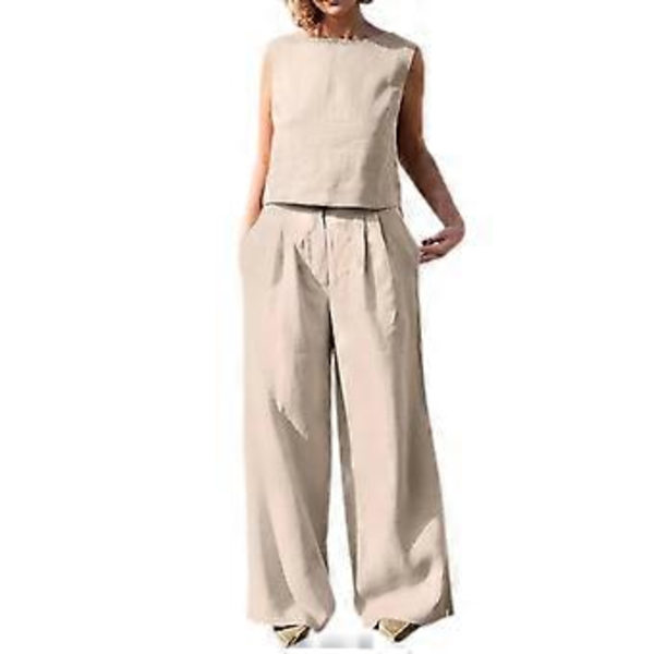 Sommar Dam Daglig Kostym Ärmlös Fritid Shopping Kort Lös Tank Top Raka Byxor Tvådelade Set Shopping  off white XL(XL off white)