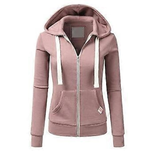 Ledig Dam Höst Enfärgad Långärmad Hoodie Fickor Dragkedja Sportjacka (M rosa)