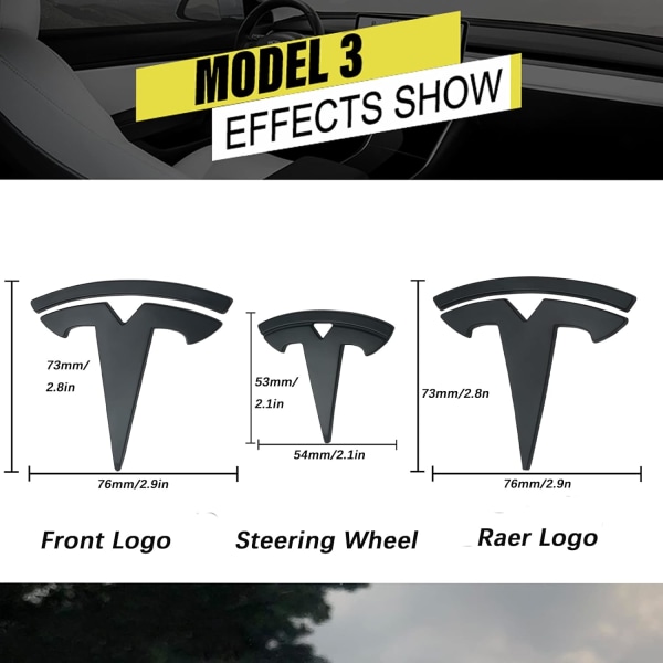 3-pakkaus Tesla Model 3 -auton ohjauspyörän logotarrat (mattamusta)