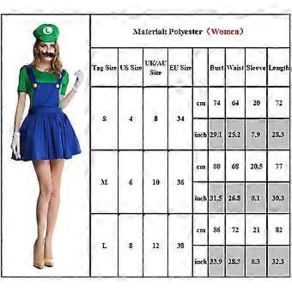 Super Mario Luigi Bros Cosplay Dräkt Kostym Herrar Kvinnor Barn Tonåringar Pojkar Flickor Rollspel (M Grön - Kvinnor)