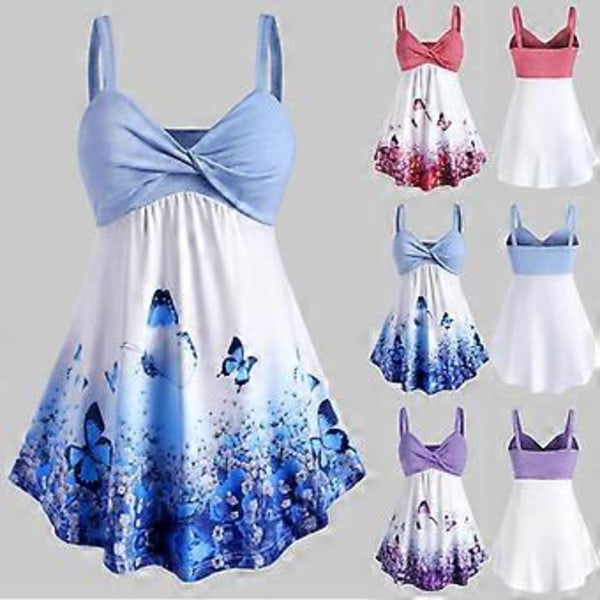 Kjole Badedragt Sommerfugl Print Tank Top til Kvinder Plus Size (4XL Lilla)