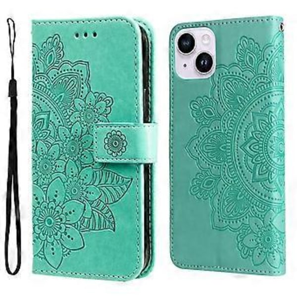Läderfodral med präglade 7-bladiga blommor för iPhone 15 Plus (Grön)