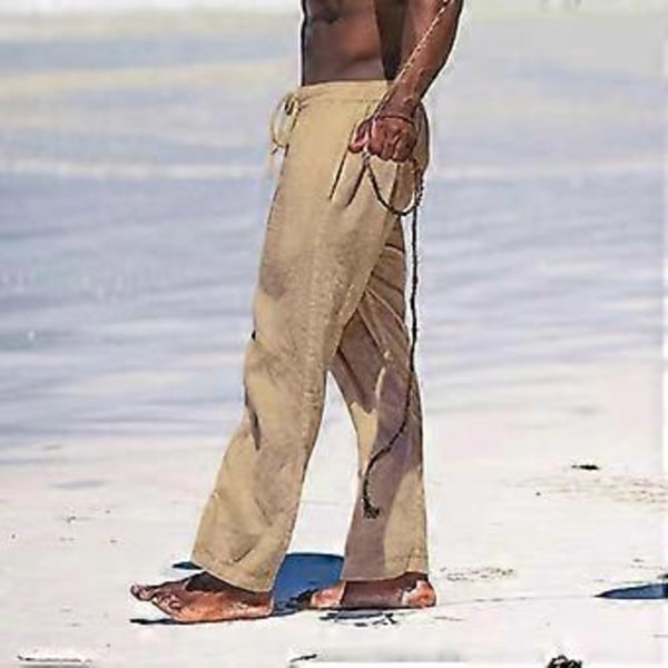 Pustende sommerbukser i lin for menn, lett yoga strand bomulls lin ensfargede bukser løse fritidsbukser (XXXL khaki)