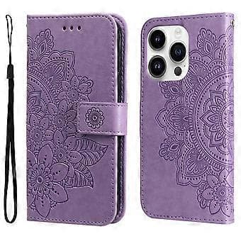 Läderfodral med präglade 7-bladiga blommor för iPhone 15 Pro (Ljuslila)