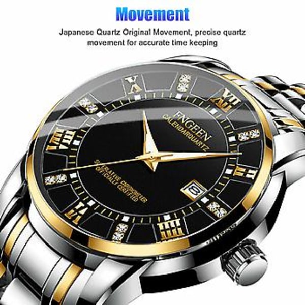 Vattentät Herrklocka Relojes De Hombre Klassisk Rostfritt Stål Quartz Självlysande (Guld Svart)