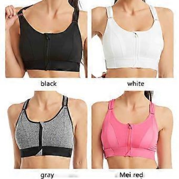 Sports-BH med høy støtte for kvinner, glidelås foran, pluss størrelse, polstret yoga push up vest (M grå)