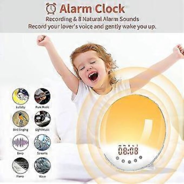 Soluppgångsväckarklocka med inspelningsfunktion 7-färgs nattlampa soluppgångssimulering snooze