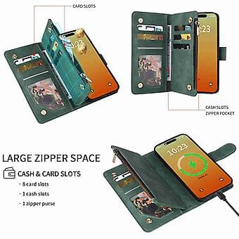 Tegnebog Lynlås Læder Telefon Etui Til iPhone 15 Pro Max (Grøn)