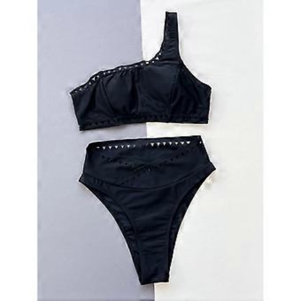 Bikiniset med en axel för kvinnor, hög midja, full täckning, ribbad push-up, tvådelad baddräkt, badkläder M(M )