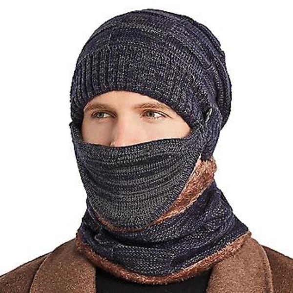 Hettelue, halsvarmer og ansiktsdekke i strikket fleece for menn - Vintervarm skihjelm (Marineblå)