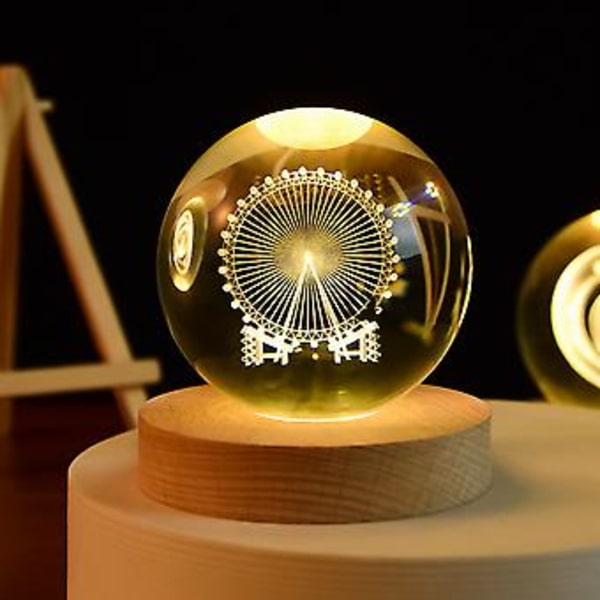 Personlig gave 3D pariserhjul udskåret krystal kugle LED natlampe, 8cm krystal kugle + 7cm varm lys bund USB strømforsyning, skrivebords pynt
