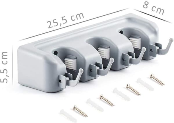 Multifunktionel vægmonteret kosteskaftholder, 3 slots og 4 kroge Mo