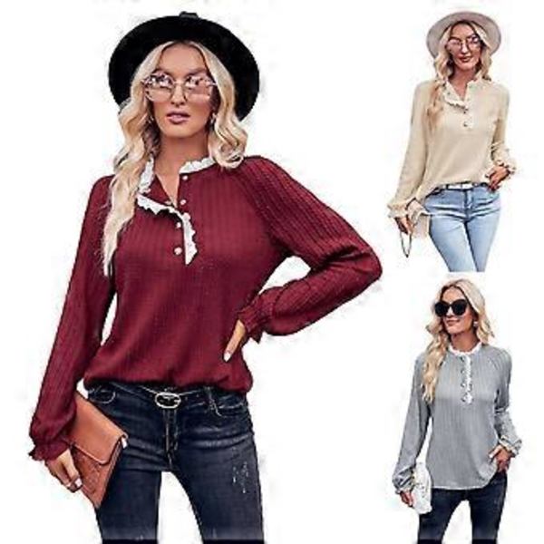 Långärmad hösttopp för damer med volang, ståkrage, enkel t-shirt, blus, tunika, ledig lös t-shirt, aprikos S (S aprikos)