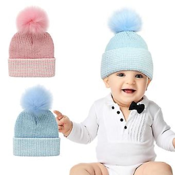 Børne Toddler Vinter Varmt Strikket Hat Drenge Piger Hårbold Stribede Hatte (M Blå hvide striber)