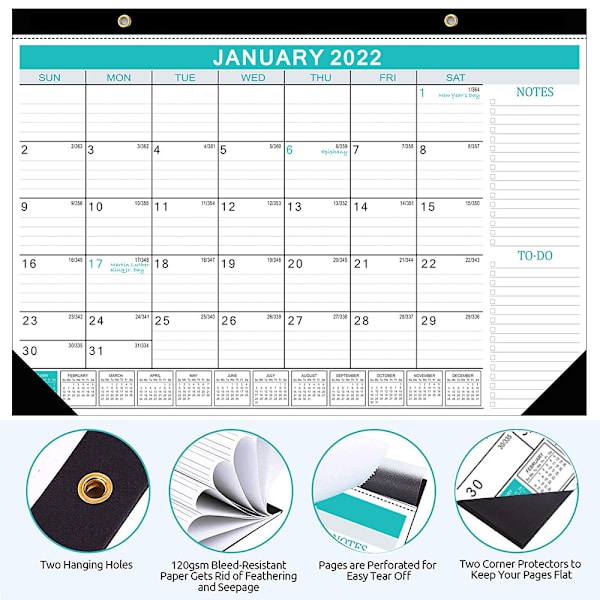 Blå klassisk engelsk kalender for januar 2022 til juni 2023, europeisk