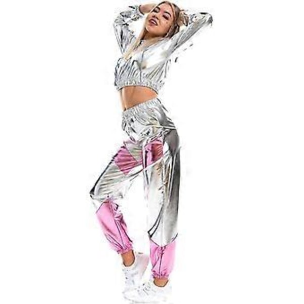 Rave-outfit för kvinnor, glänsande crop top-hoodie, metalliska avslappnade långbyxor, huvtröja, träningssweatshirt, discodans-klubbkläder (Large Silver)