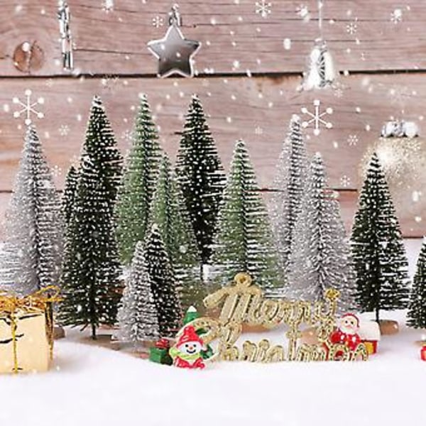 Mini Juletrær - Kunstig Juletrær Flaskebørste Juletrær, Sisal Snøtre med Trebase for Juledekorasjon Julefest