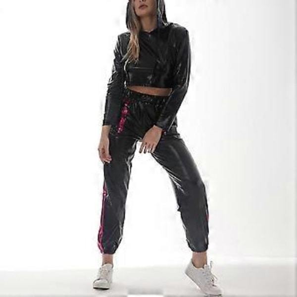 Rave-outfit för damer, glänsande crop top-hoodie, metalliska avslappnade långbyxor, hoodie-träningssweatshirt, discodans-klubbkläder (Medium Black -Rose)