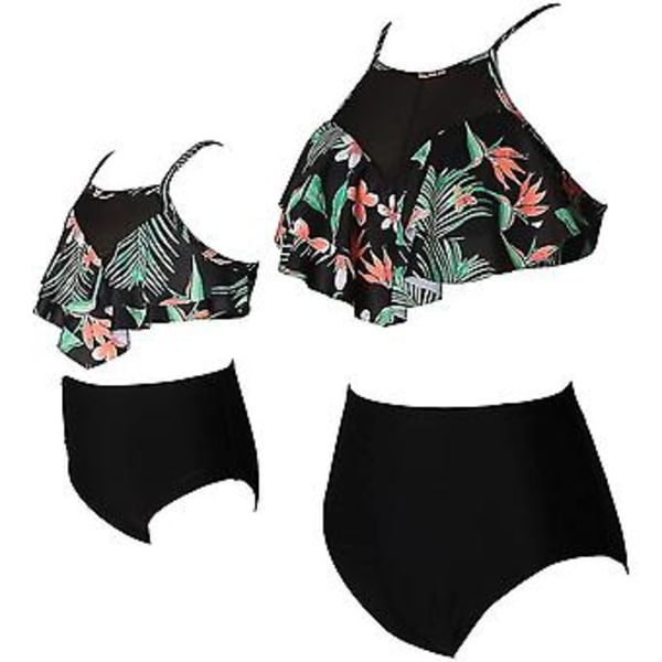 Tjejers Baddräkt Tvådelad Bikini Set Ruffle Falbala Baddräkter -e( J2002-svart)