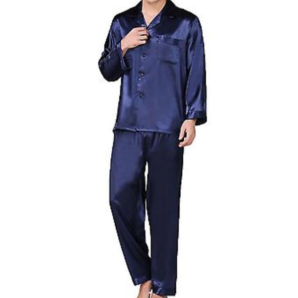 Miesten satiini-pyjamasetti, napillinen, silkkinen, 2 osaa, yöasu, rentoasu (S tummansininen)