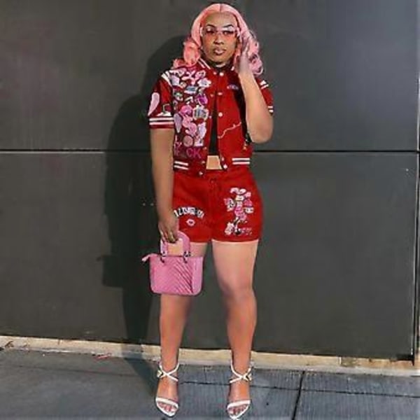 Dame 2-delt antrekk, kortarmet crop top treningsdress, tettsittende shorts, jumpsuit sett (S Svart)