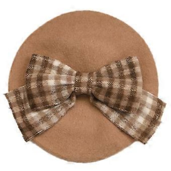 Retro Pompom Vinter Beret Hue Plaid Sløjfe Beret Hat Stor Sløjfe Britisk Vinter Uld Hat Retro Kunstner Maler Huer Camel (Camel)