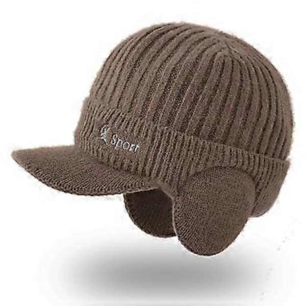 Huvudbonad med öronlappar för män, skidåkning, cykling, varm, tjock, stickad, vinter, vindtät, tjock (Khaki)