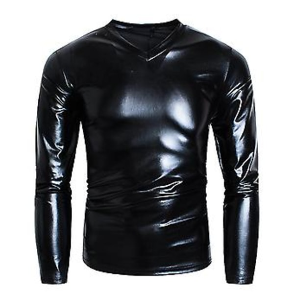 Miesten T-paita Kiiltävä Ulkonäkö Yksivärinen Pitkähihainen Yläosa V-kaula Slim Fit T-paita Yökerho Juhlat Esitys Asut (XL Musta)